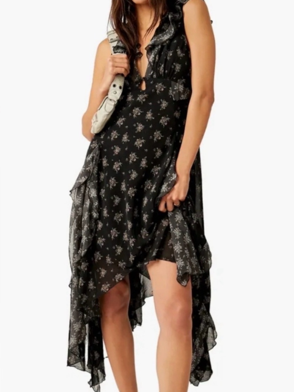 Free People Joaquin Printed Floral Ruffles asymmetrical MIDI Dress